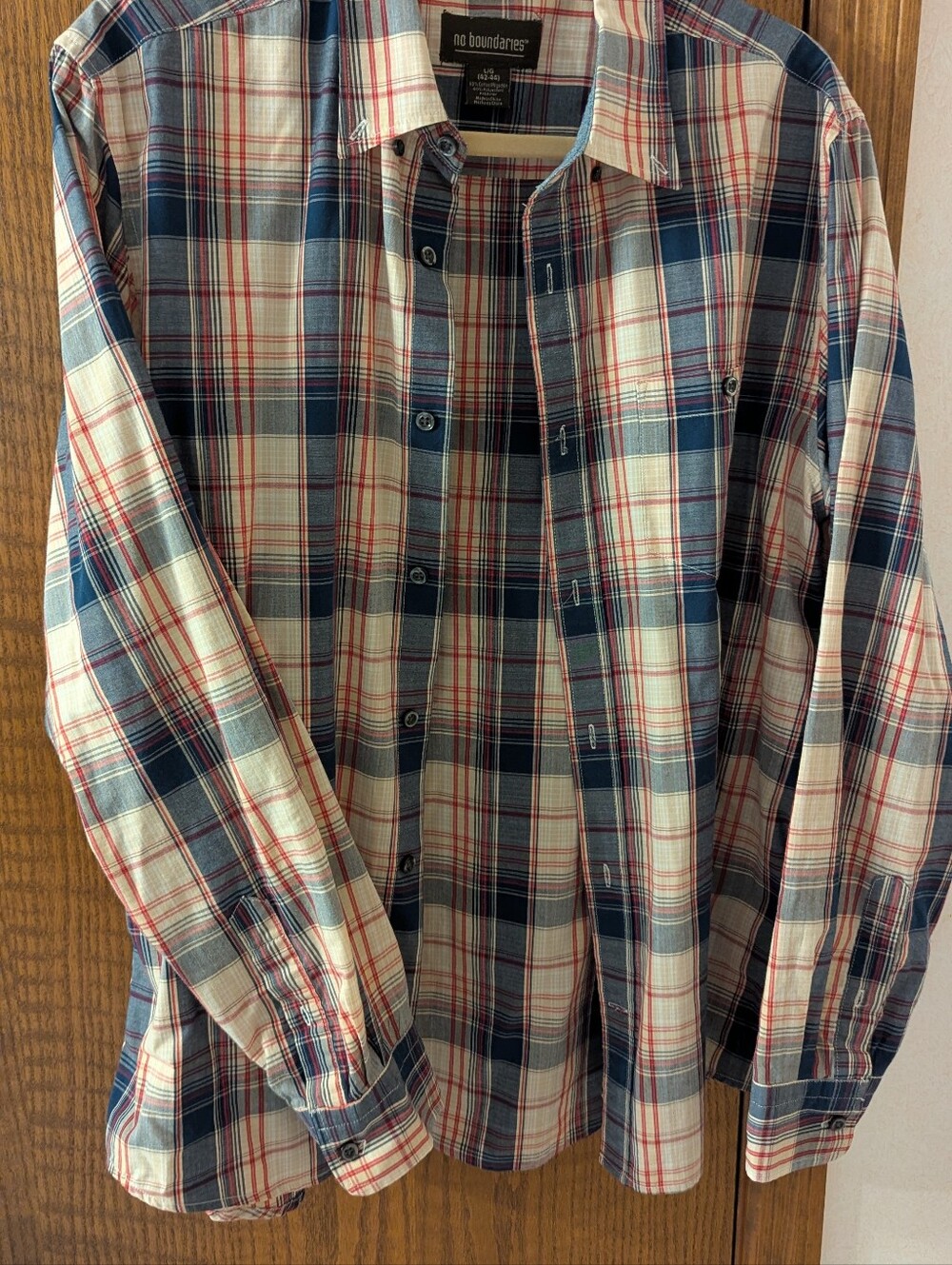 No Boundaries Men's Navy, White & Red Plaid Button-Down Shirt